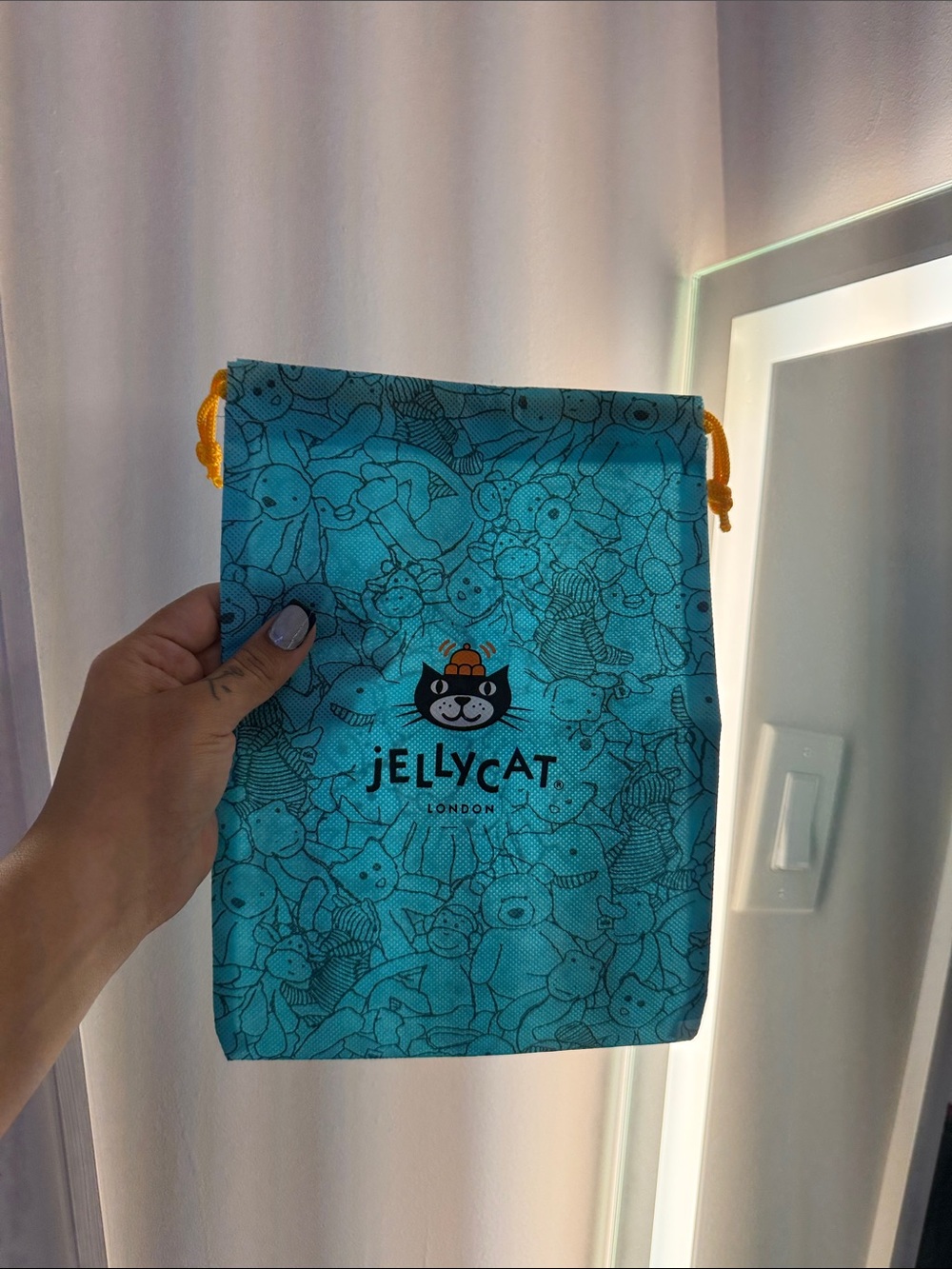 Jellycat Teal Drawstring Toy Pouch with Yellow Cord